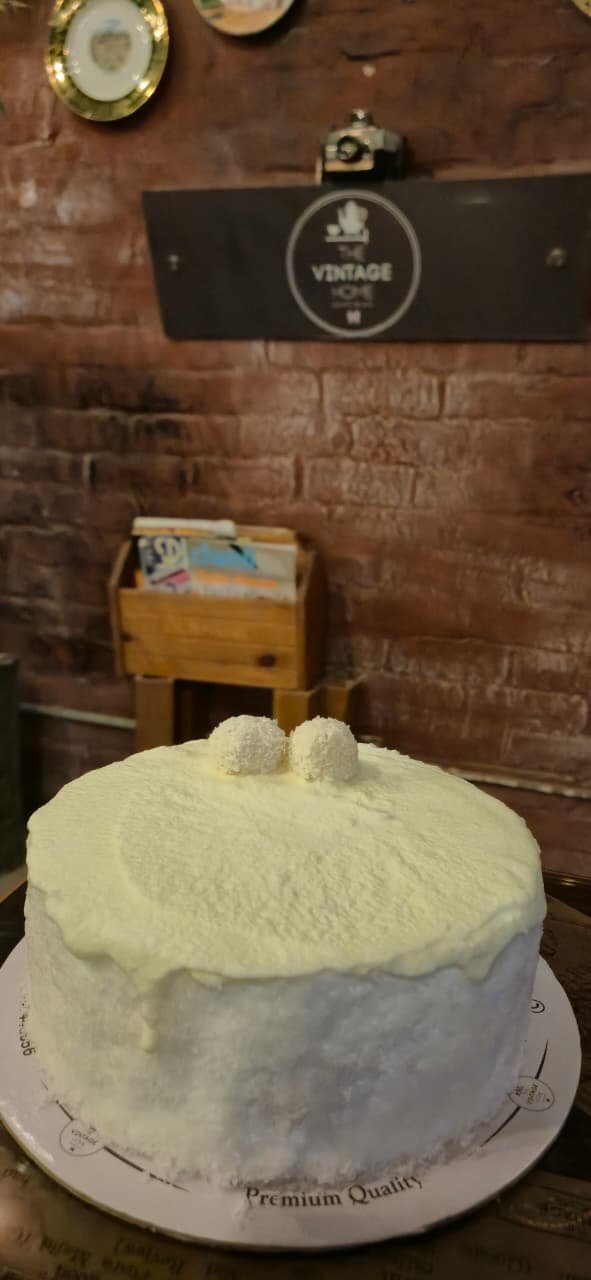 A white chocolate cake on the counter