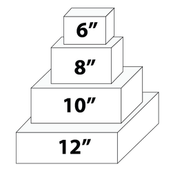 A four-tier square cake, 6 to 12 inches
